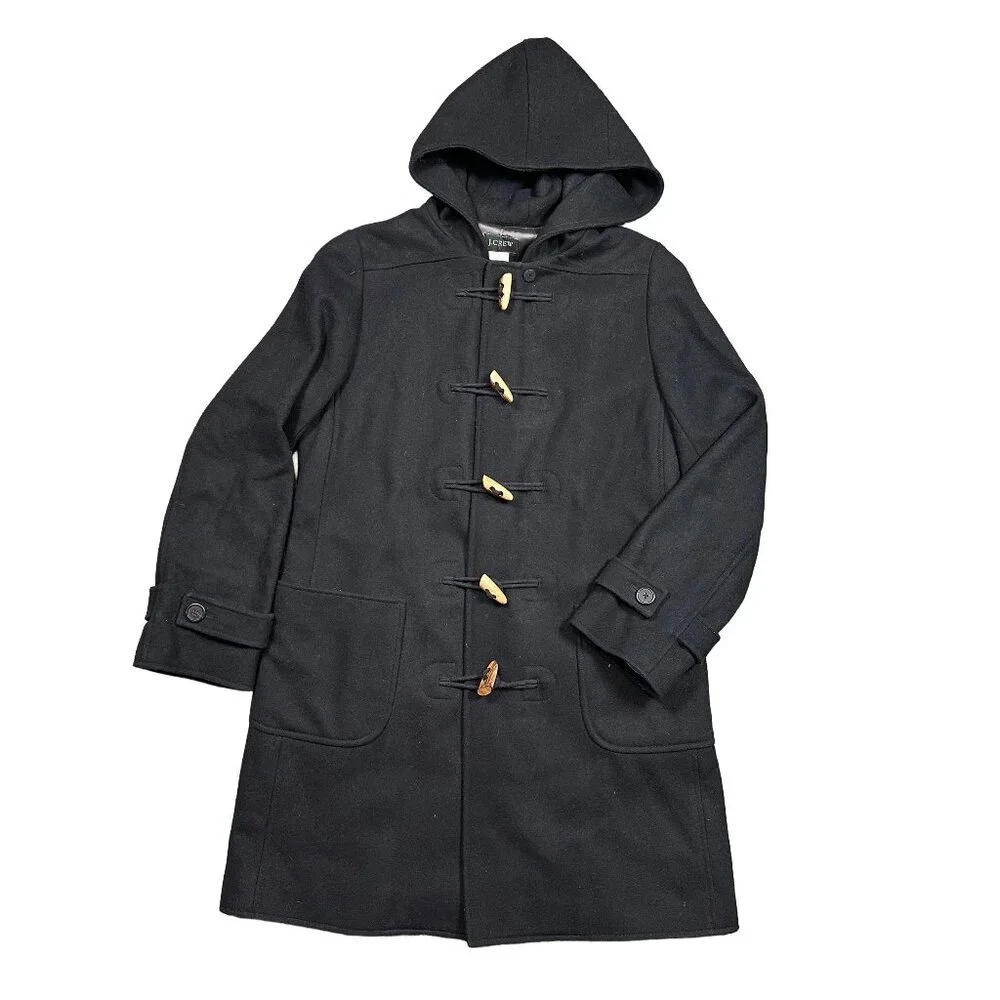 J. Crew Toggle Wool Blend Black Cottagecore Hooded Coat Women's Size Small - Picture 1 of 5